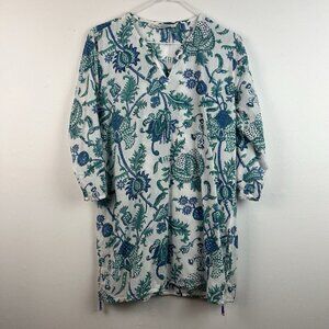 ROLLER RABBIT Amanda Kurta Tunic Top Women Small Blue Green Popover‎ Cotton